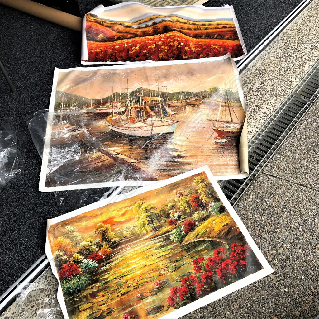 3 LOOSE CANVAS OIL PAINTINGS: LANDSCAPE & BOAT SCENES Image 1++