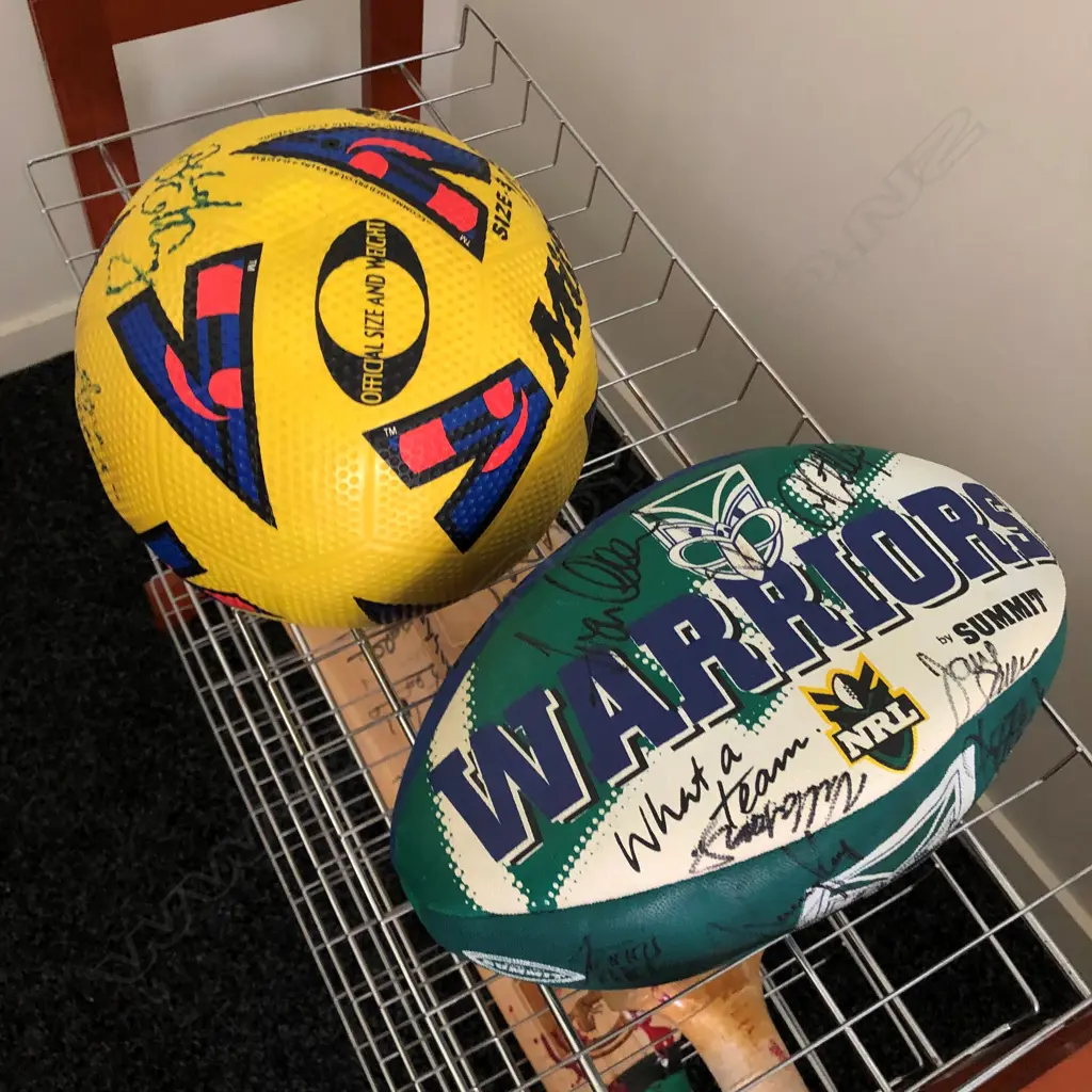 2 SIGNED SPORTS BALLS: WARRIORS & MITRE Image 1++