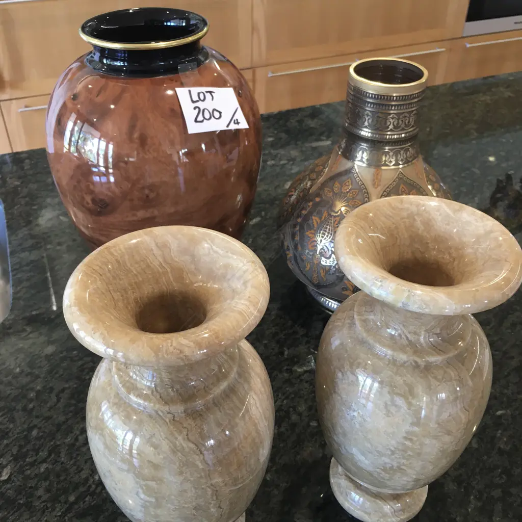 4 VASES: 2 MARBLE 1 CERAMIC & 1 FANCY CUT GLASS Image 1++