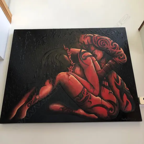 SIGNED LGE MIXED MEDIA ART WORK EMBRACING COUPLE...