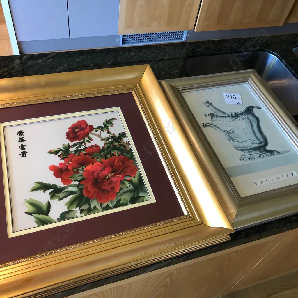 2 FRAMED ARTWORKS: CHINESE STITCHED RED FLOWERS & 'VALADIER' Image 1++