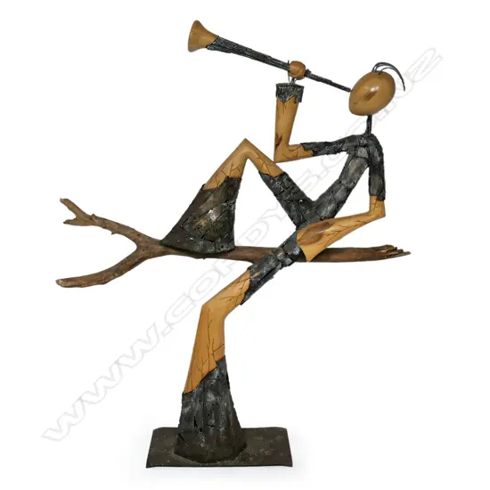 Jean-François André (France, b.1960) , Don Pierrot de la Lune,  iron & tulip tree wood sculpture. Pd. $7000