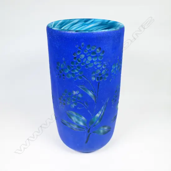 Garry Nash peacock blue engraved cylinder vase,