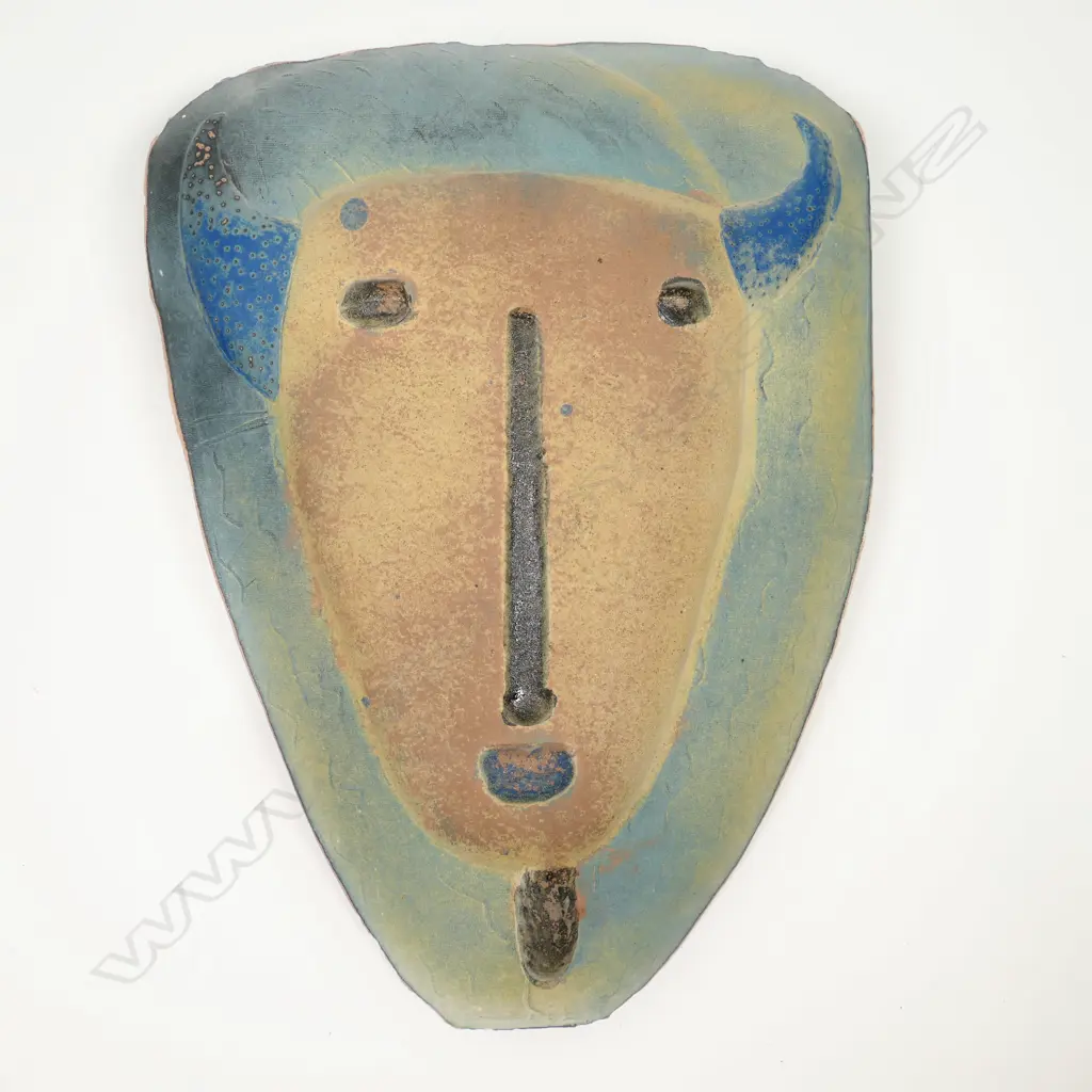 Steve Fullmer pottery stylised horned face wall plaque, Image 1++