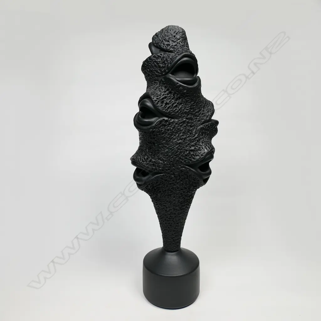 Sculptor unknown pedestal based eyes/mouths black basalt sculpture, Image 1++