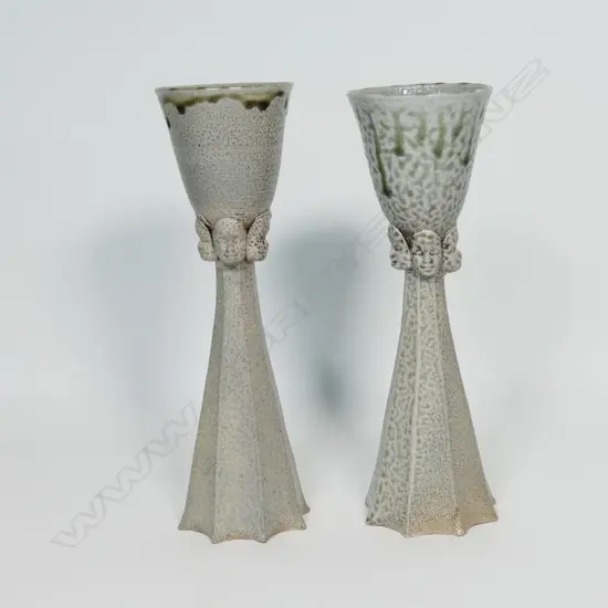 Janet Smith pair of 'Faces' tall salt glazed goblets,