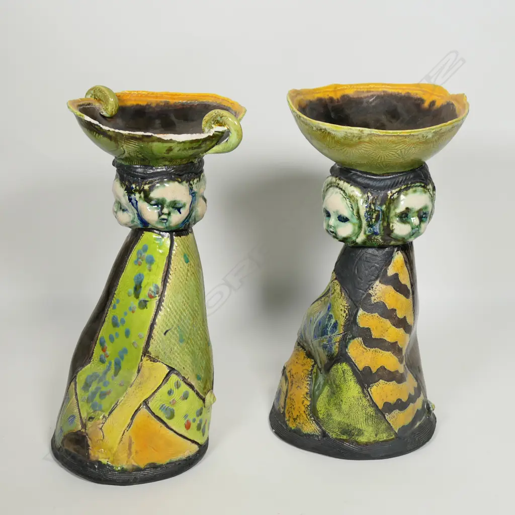 Liz Earth pair of tall colourful 'Children of The Night' pottery vessels, Image 1++