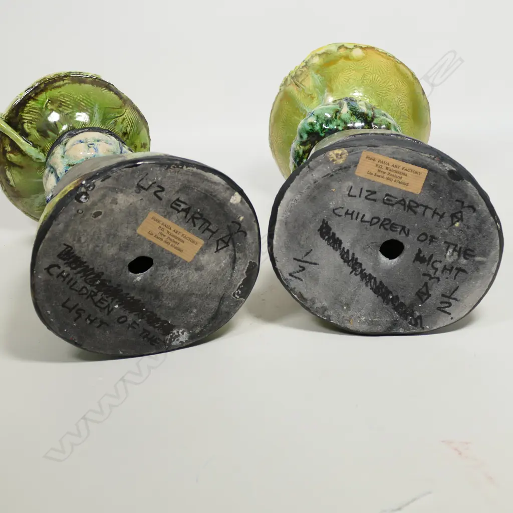 Liz Earth pair of tall colourful 'Children of The Night' pottery vessels, Image 1++