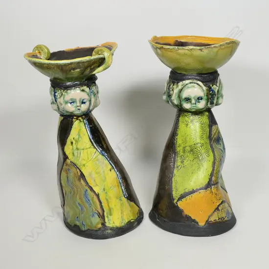 Liz Earth pair of tall colourful 'Children of The Night' pottery vessels,