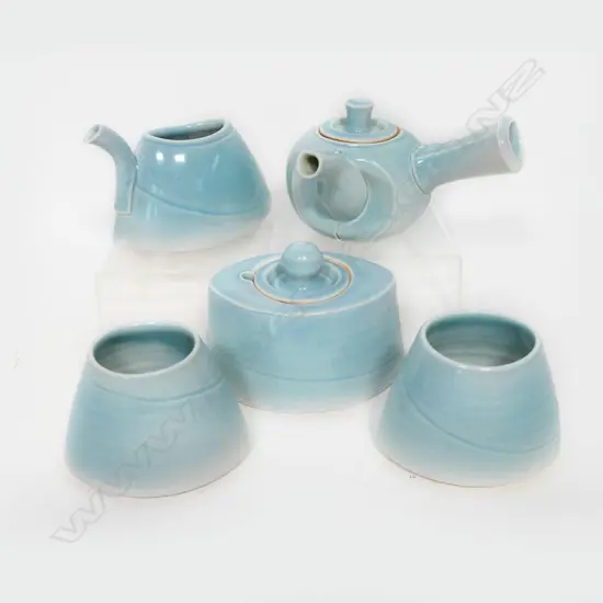 Chris Weaver five piece blue celadon teaset,