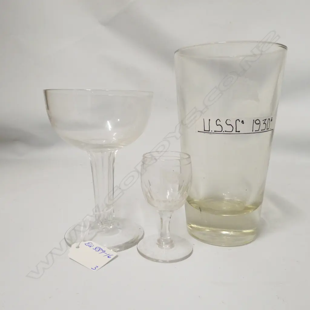 3 U.S.S.Co. DRINKING GLASSES; CHAMPAGNE, TALL TUMBLER SHERRY Image 1++