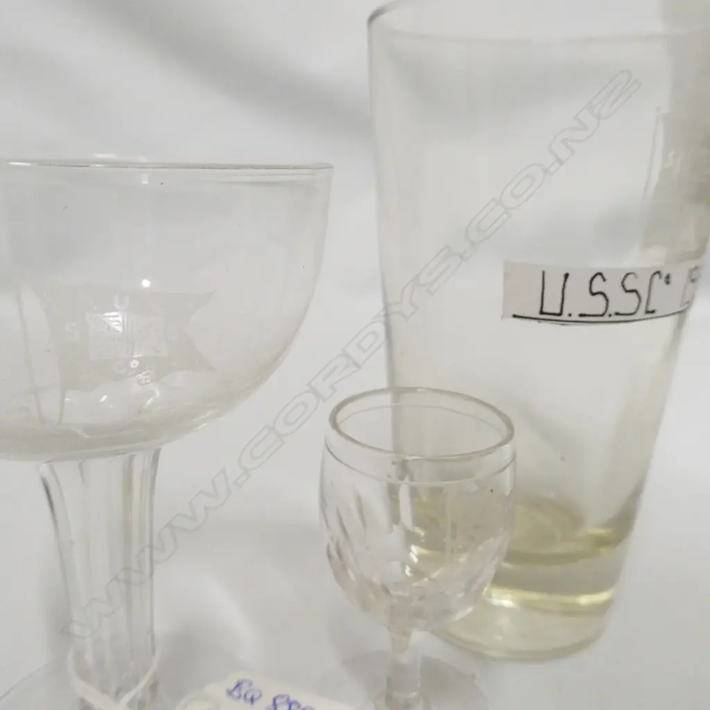 3 U.S.S.Co. DRINKING GLASSES; CHAMPAGNE, TALL TUMBLER SHERRY Image 1++