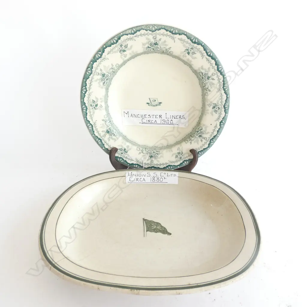 2 OLD SHIPS PLATES; MANCHESTER LINERS C1900 DIA. 240MM & UNION SS CO. C1880  275 X 230MM Image 1++