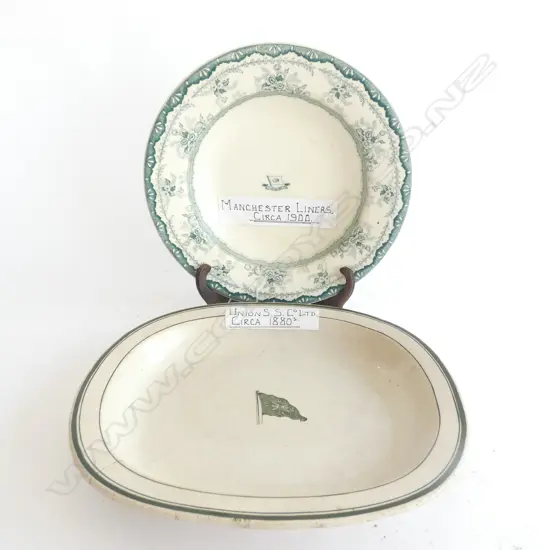 2 OLD SHIPS PLATES; MANCHESTER LINERS C1900 DIA. 240MM & UNION SS CO. C1880  275 X 230MM