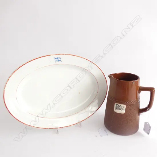 OLD NAUTICAL PCS; STONEWARE JUG (H. 160MM) & JAPANESE PORCELAIN PLATE (310 X 225MM)