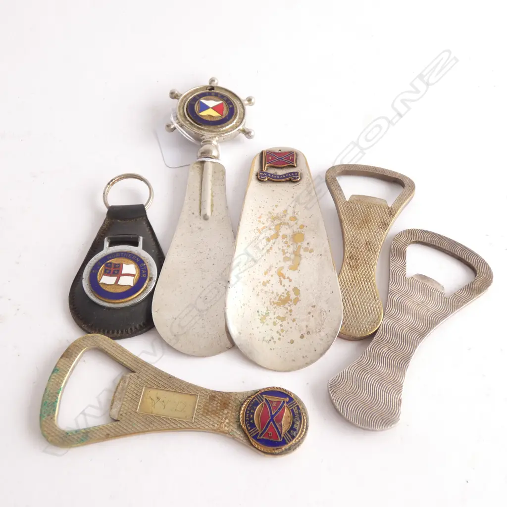 OLD SHIPPING SHOE HORN; SS IBERIA & MV WANCANELLA SHOE HORN & 3 BOTTLE OPENERS INC. NORTHERN STEAMSHIPS KEY RING Image 1++