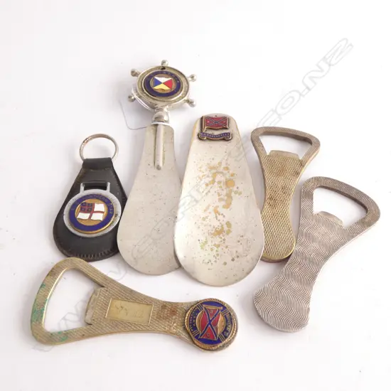 OLD SHIPPING SHOE HORN; SS IBERIA & MV WANCANELLA SHOE HORN & 3 BOTTLE OPENERS INC. NORTHERN STEAMSHIPS KEY RING