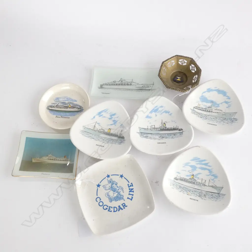 9 ASST. SHIPS SOUVENIR SM. DISHES; 1 METAL/2 GLASS/ 1 CERAMIC/5 MELAMINE Image 1++