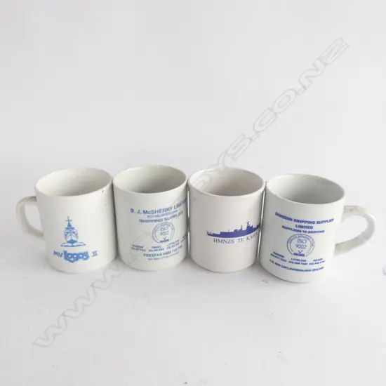 4 SHIPPING THEMED MUGS INCL. TE KAHA & MV LOGOS 11. H. 95MM