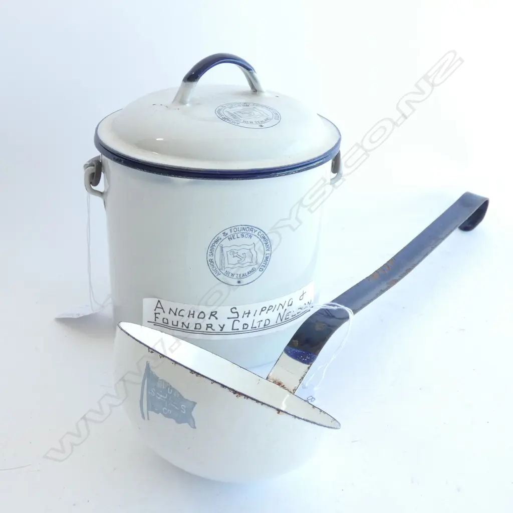 OLD ENAMEL ANCHOR SHIPPING & FOUNDRY CO. NELSON BILLY. H. 150MM & OLD ENAMEL LADLE L. 360MM Image 1++