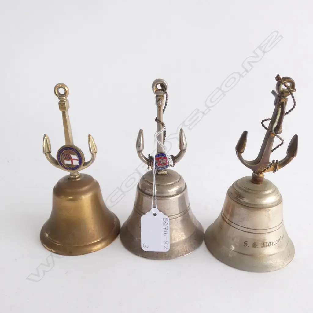 THREE MINIATURE SHIPS BELLS - ANCHOR HANDLES. 2 X SS MONOWAI & MV DOMINION MONARCH. H. 150MM Image 1++