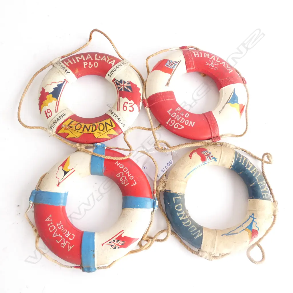 4 MINIATURE LIFEBUOYS; ARCADIA CRUISE '59 / HIMALAYA-LONDON / HIMALAYA '67 & '63  DIA. 125MM Image 1++