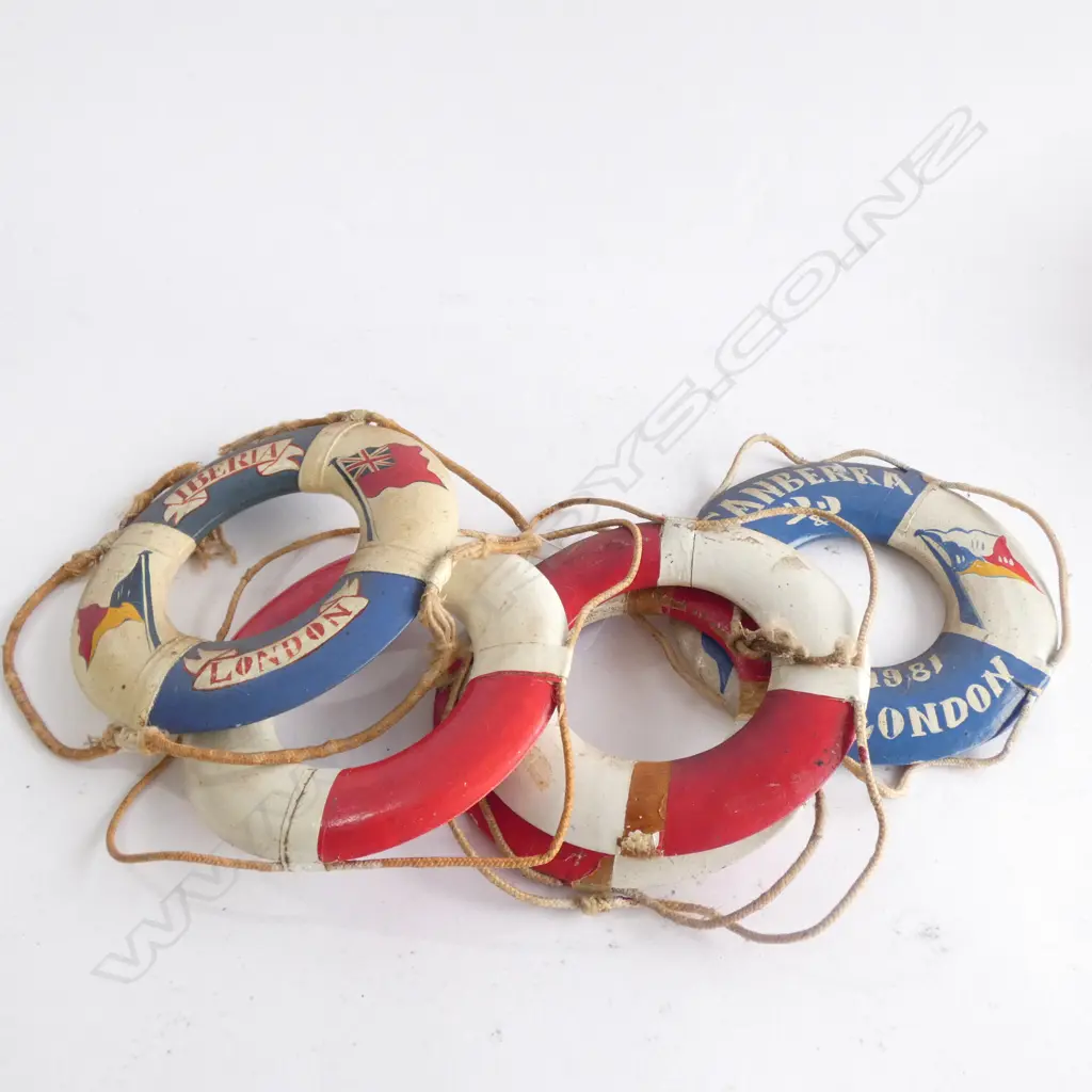 5 MINIATURE LIFEBUOYS; CANBERRA '81 / IBERIA '71 / HIMALAYA '72 / ARCADIA ' 76 & IBERIA LONDON - DIA, 150MM Image 1++
