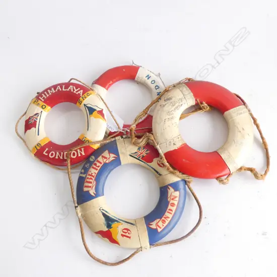 4 MINIATURE LIFEBUOY'S; CHITRAL LONDON/P&O IBERIA '65/RMS IBERIA '63/P&O HIMALAYA LONDON '60. DIA. 145MM