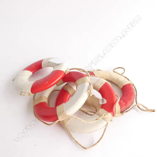 4 MINIATURE LIFEBUOY'S; NORTHERN STAR/ORCADES LONDON (DAMAGED) / HIMALAYA LONDON & ARCADIA LONDON - DIA. 120MM