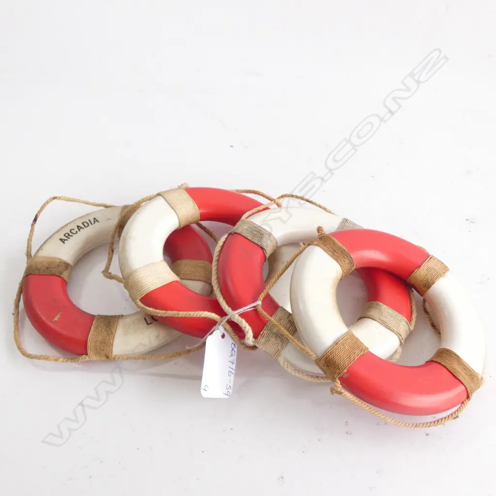 4 MINIATURE LIFEBUOYS; ARCADIA LONDON / ORIANA LONDON / OCEAN MONARCH & MALAYSIA SINGAPORE - DIA. 115MM Image 1++