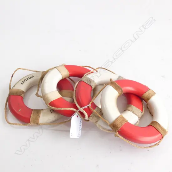 4 MINIATURE LIFEBUOYS; ARCADIA LONDON / ORIANA LONDON / OCEAN MONARCH & MALAYSIA SINGAPORE - DIA. 115MM