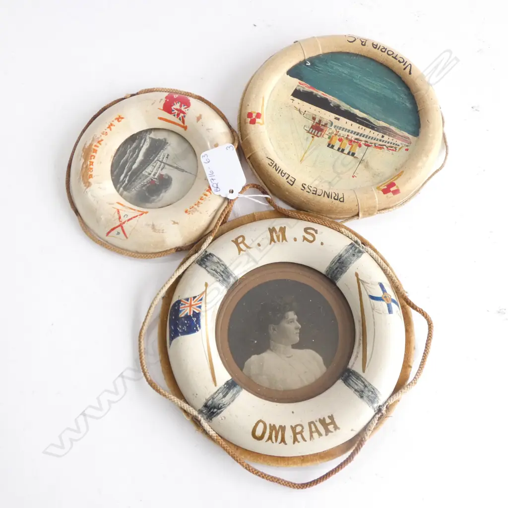 3 OLD MINIATURE LIFEBUOY FRAMES; RMS NIAGRA /PRINCESS ELAINE / RMS OMRAH - LARGEST DIA 165MM Image 1++