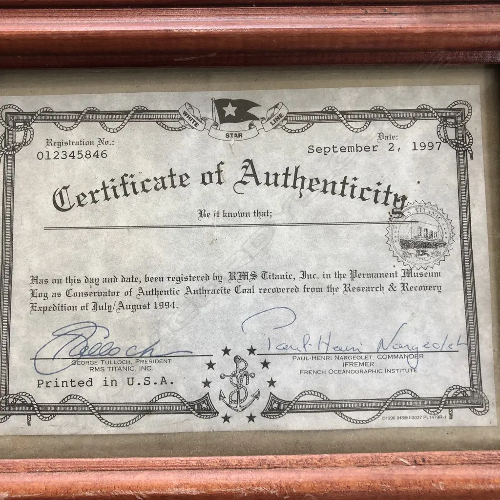 SMALL COAL PIECE FROM S.S TITANIC CO - WITH CERTIFICATE + SOUVENIR POSTCARD Image 1++