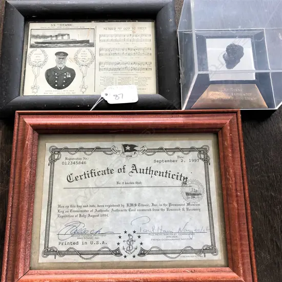 SMALL COAL PIECE FROM S.S TITANIC CO - WITH CERTIFICATE + SOUVENIR POSTCARD