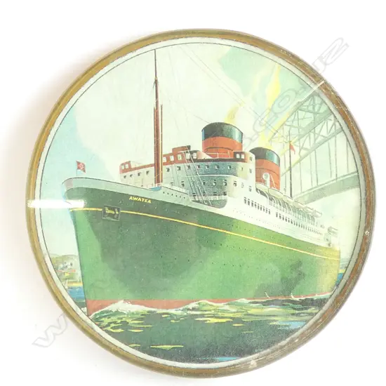 TSS AWATEA SHIP - ROUND BRASS FRAMED & GLASS FRONTED PICTURE - DIA 150MM