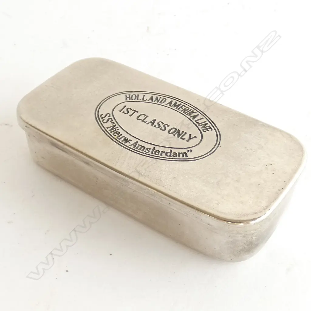 CHROME SNUFF BOX -  'HOLLAND AMERIKA LINE' '1ST CLASS ONLY - 'SS NIEW-AMSTERDAM' Image 1++