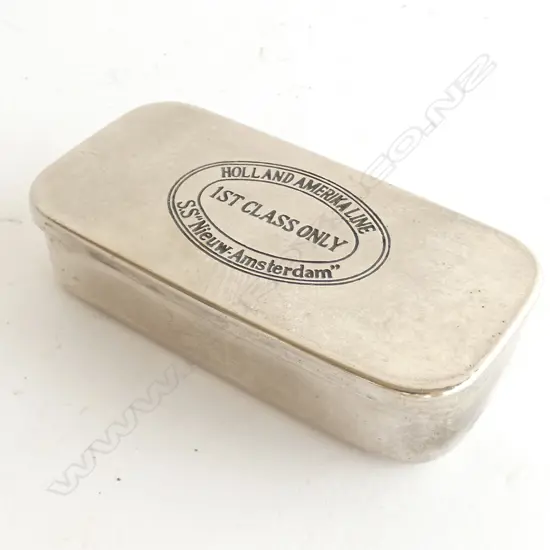 CHROME SNUFF BOX -  'HOLLAND AMERIKA LINE' '1ST CLASS ONLY - 'SS NIEW-AMSTERDAM'