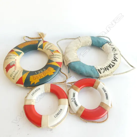 4 MINIATURE LIFEBUOY'S; SS EMPRESS OF FRANCE/ARCADIA / MW WAITANGI / CHUSAN  LARGEST DIA.190MM