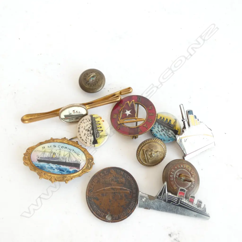 SIX SHIP SOUVENIR BADGES / 3  OLD BRASS SHIP UNIFORM BUTTONS / TIE PIN & 1901 ORPHEUS PENNY PENDANT Image 1++