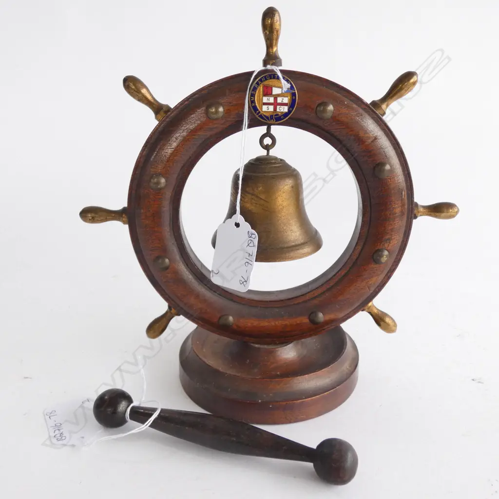 RMS RANGITOTO MINIATURE WOOD & BRASS  SHIPS WHEEL DINNER BELL WITH STICK. DIA. 200MM  Image 1++