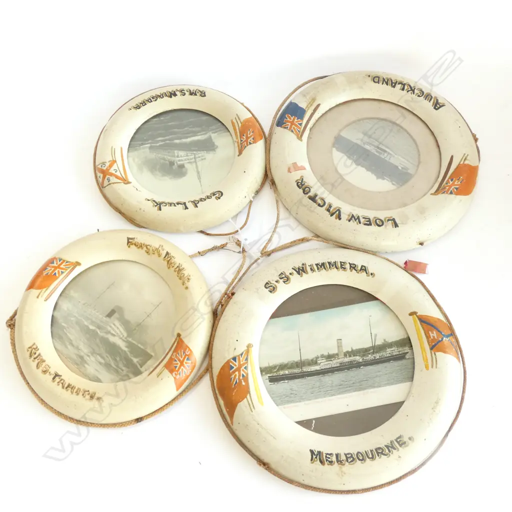4 OLD MINIATURE LIFEBUOY FRAMES; RMS TAHITI / RMS NIAGARA / SS WIMMERA & LOEW VICTOR, LARGEST DIA. 220MM Image 1++