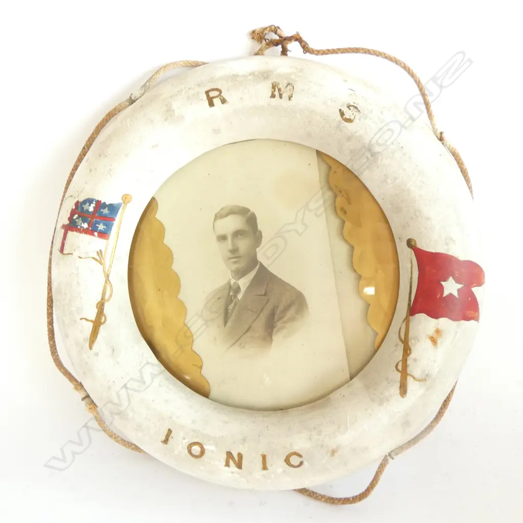 SM. VINTAGE LIFEBUOY FRAME - 'RMS IONIC' - DIA . 225MM WITH OLD POSTCARD Image 1++