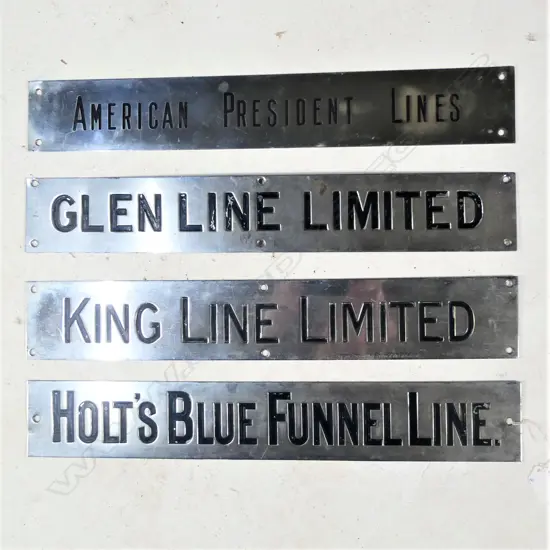 4 VINTAGE CHROMED SHIPPING CO NAME PLAQUES.