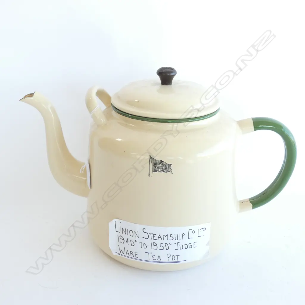 LG ENAMEL JUDGE WARE UNION STEAMSHIP CO. TEA POT. C 1940-50'S H. 260MM Image 1++