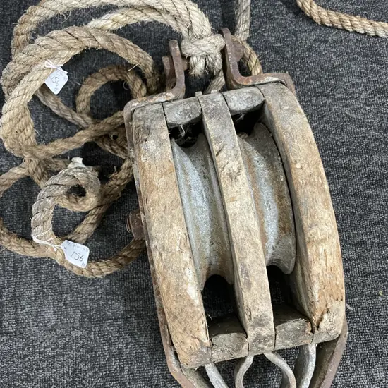 PR OLD WOODEN & IRON PULLEYS WITH ROPE, L. 410MM