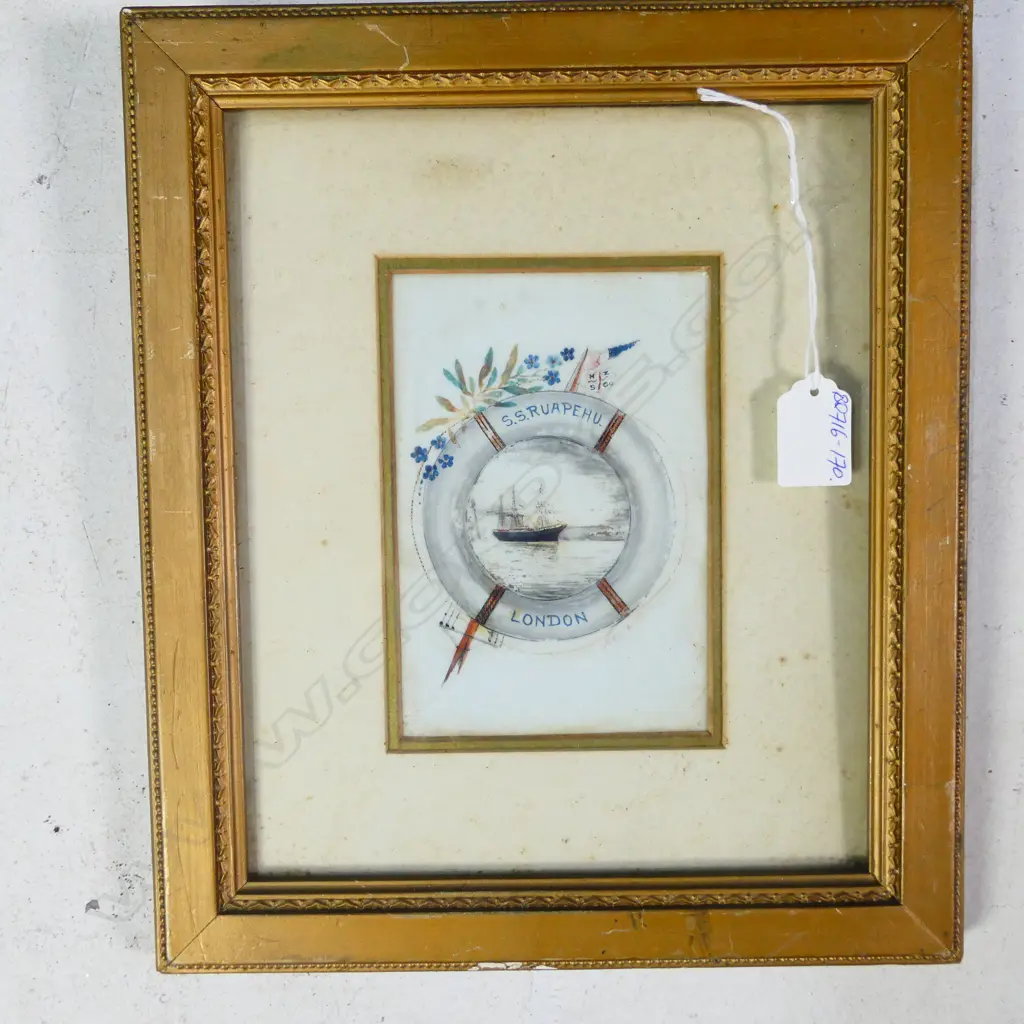 C1900 PAINTING ON GLASS 'S.S.RUAPEHU LONDON' GILT FRAMED Image 1++