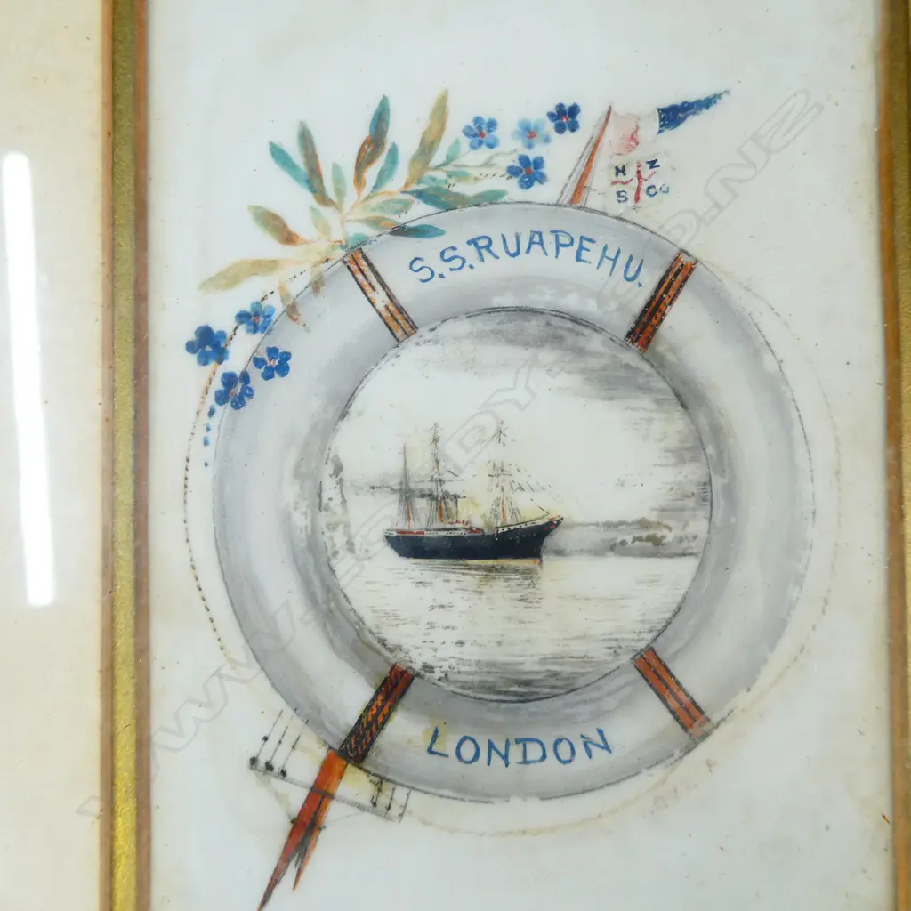 C1900 PAINTING ON GLASS 'S.S.RUAPEHU LONDON' GILT FRAMED Image 1++