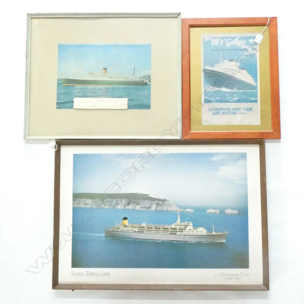 3 OLD FRAMED SHIPPING PRINTS; MV GEORGIC ADVERT. POSTER /SS NORTHERN STAR & MV HINEMOA. LARGEST 410 X 640MM Image 1++
