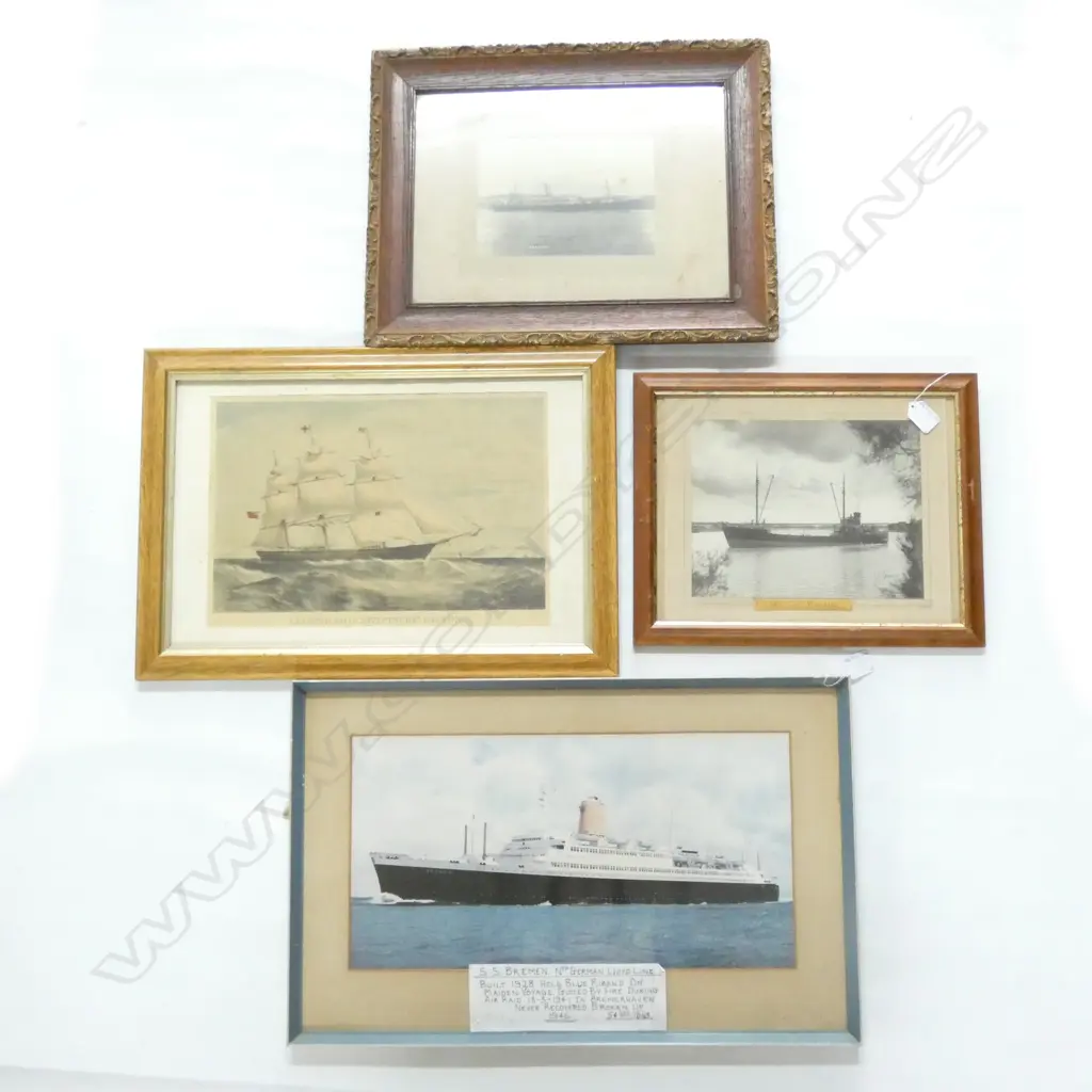 4 OLD FRAMED SHIPS PRINTS / PHOTOS INCL SS BREMEN 1946. LARGEST 450 X 235MM Image 1++