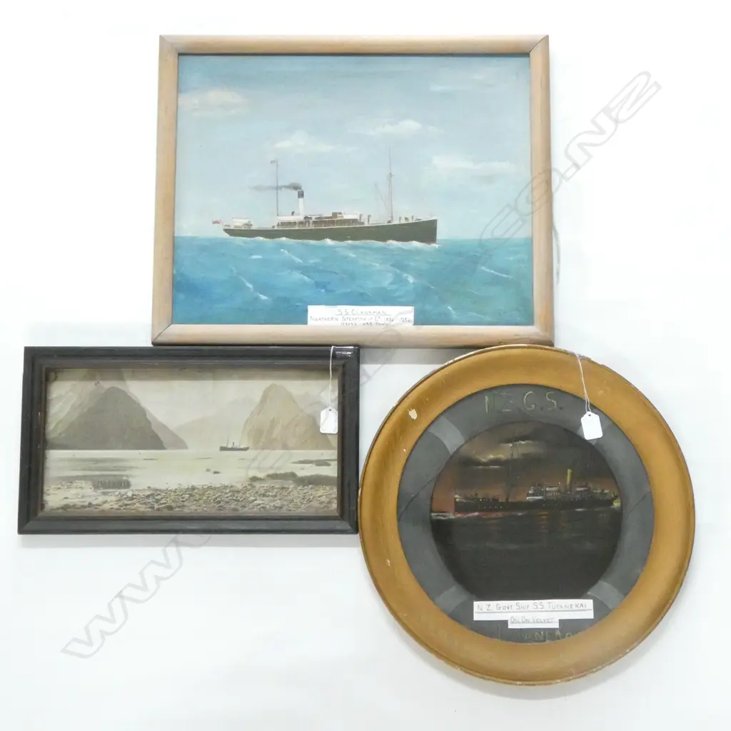 3 OLD FRAMED SHIPPING PAINTINGS INCL. SS, TUTANEKAI OIL ON VELVET. DIA. 340MM Image 1++